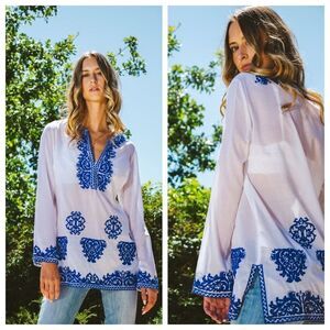 Michael Michael Kors Cotton Cover-Up Embroidered Boho Slits V-Neck White Blue Sm